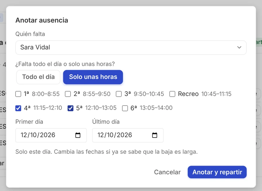 Ventana para anotar una ausencia: quién falta, todo el día o solo unas horas, y las fechas
